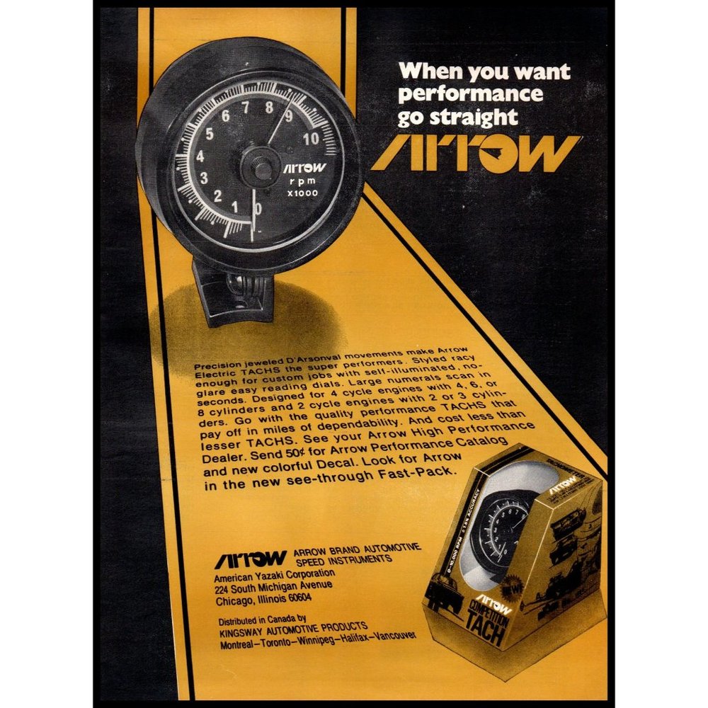 1971 Arrow Instruments Tach Tachometer Vintage Print Ad Man Cave Wall Art